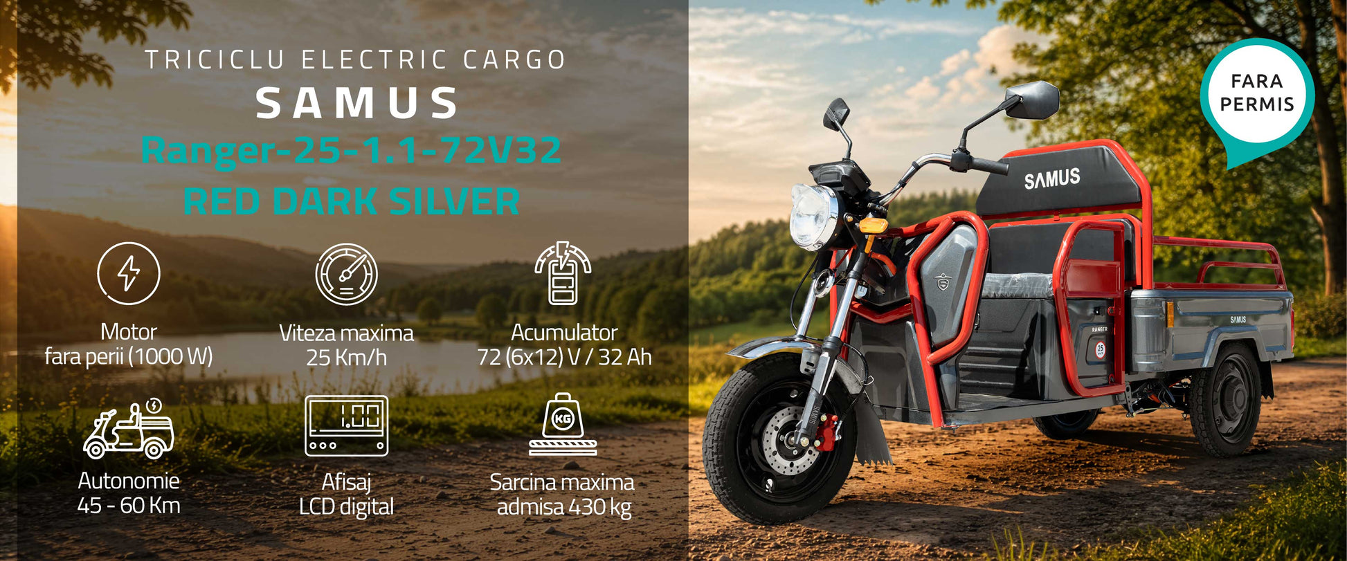 Triciclu electric cargo Samus Ranger-25-1.1-72V32 Red Dark Silver
