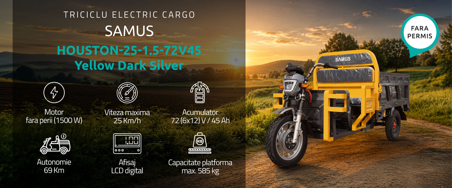 Triciclu electric cargo Samus Houston-25-1.5-72V45 Yellow Dark Silver